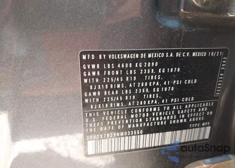 2022 Volkswagen Taos 1.5T Sel z USA, uszkodzony, nr VIN 3VV2X7B29NM033550